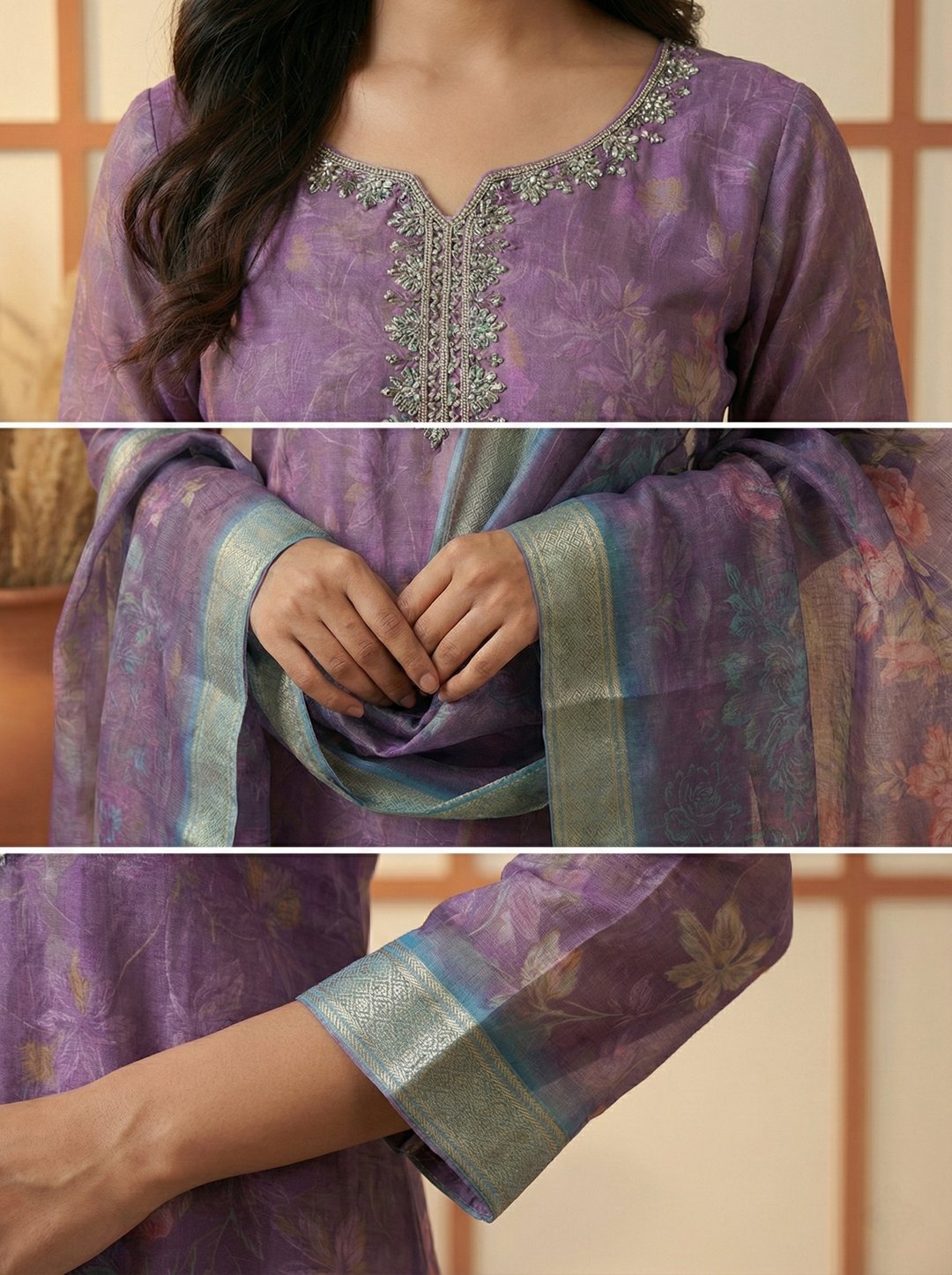 Neerus Purple tissue embellished suit set - side view