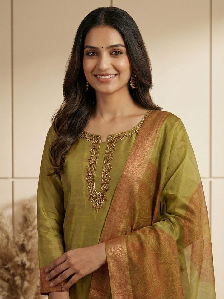 Variyali Green Tissue Printed Three Piece Set