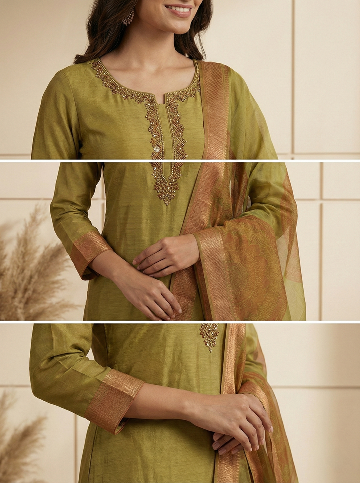 Variyali Green Tissue Printed Three Piece Set