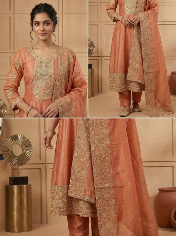Gajari Tissue Embroidery Three Piece Set