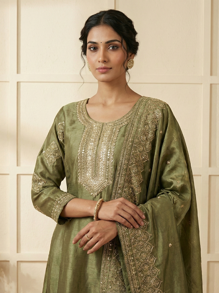 Green Tissue Embroidery Three Piece Set