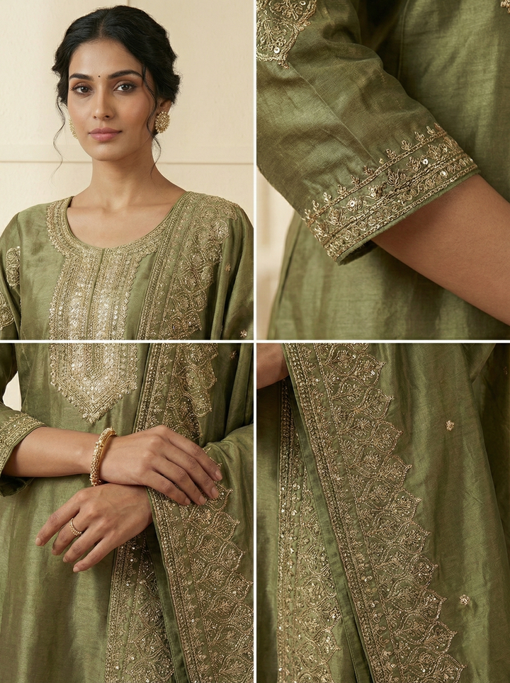 Green Tissue Embroidery Three Piece Set