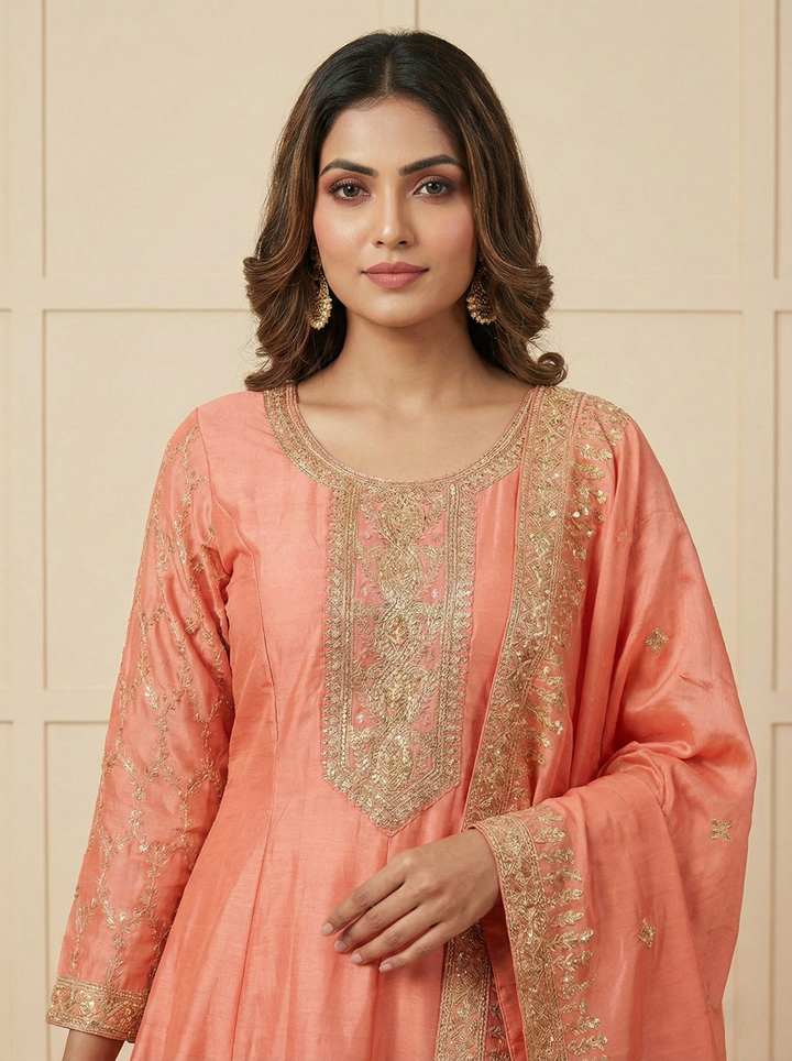 Peach Tissue Embroidery Three Piece Set