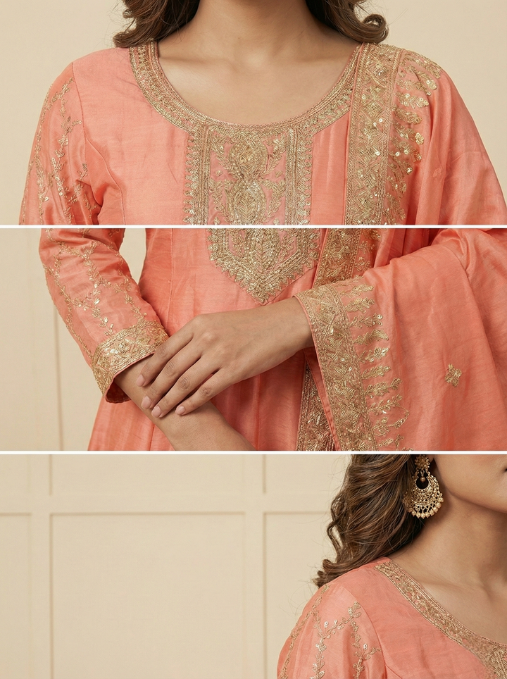 Peach Tissue Embroidery Three Piece Set