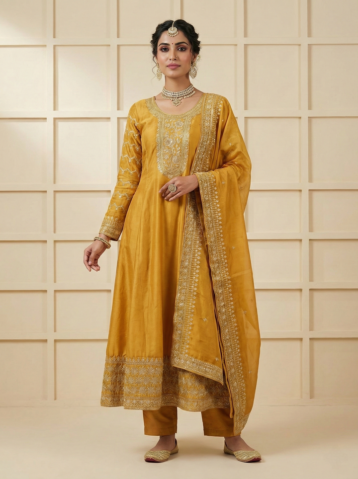 Neerus Yellow tissue embellished suit set - front view