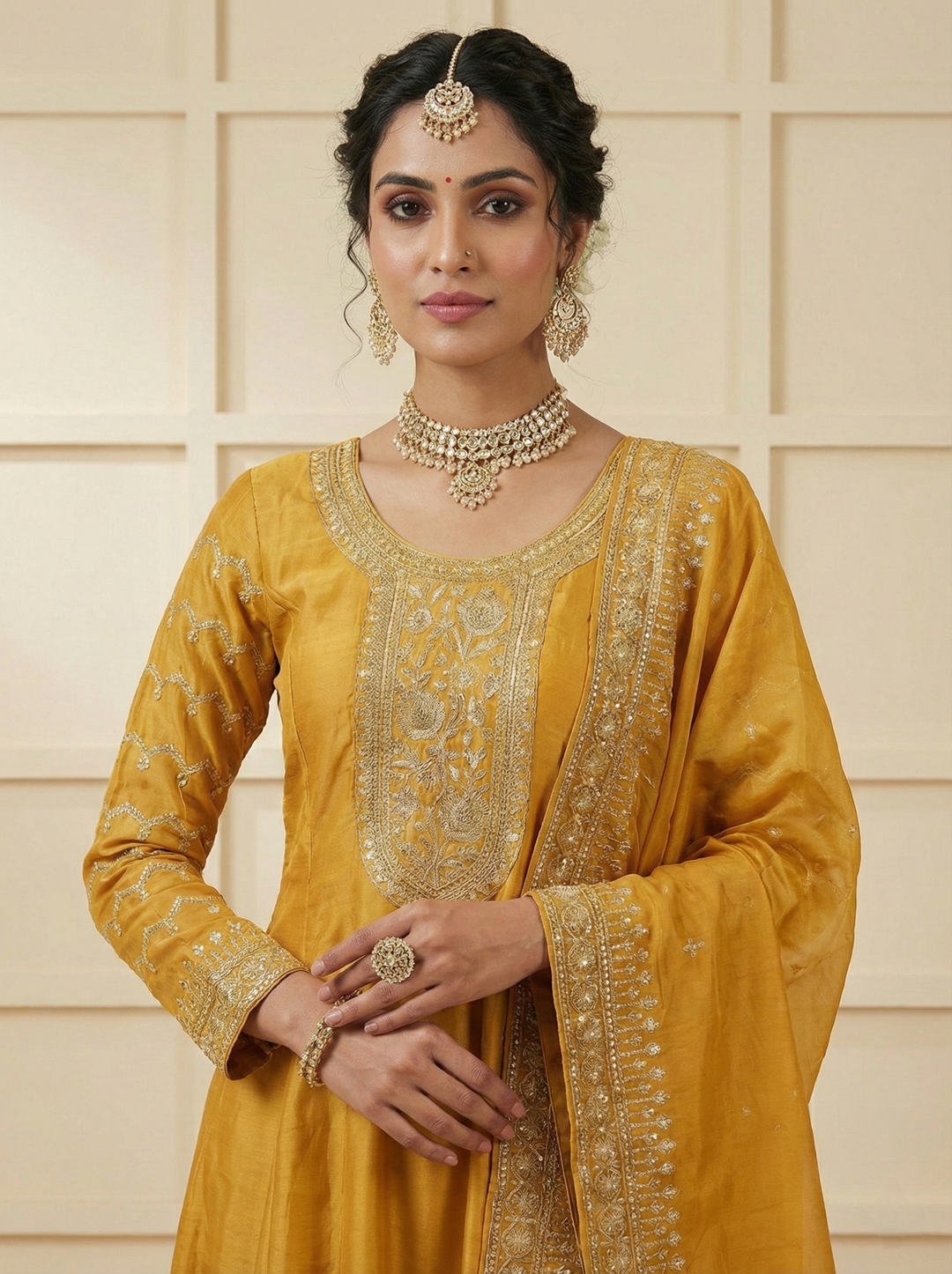 Neerus Yellow tissue embellished suit set - back view
