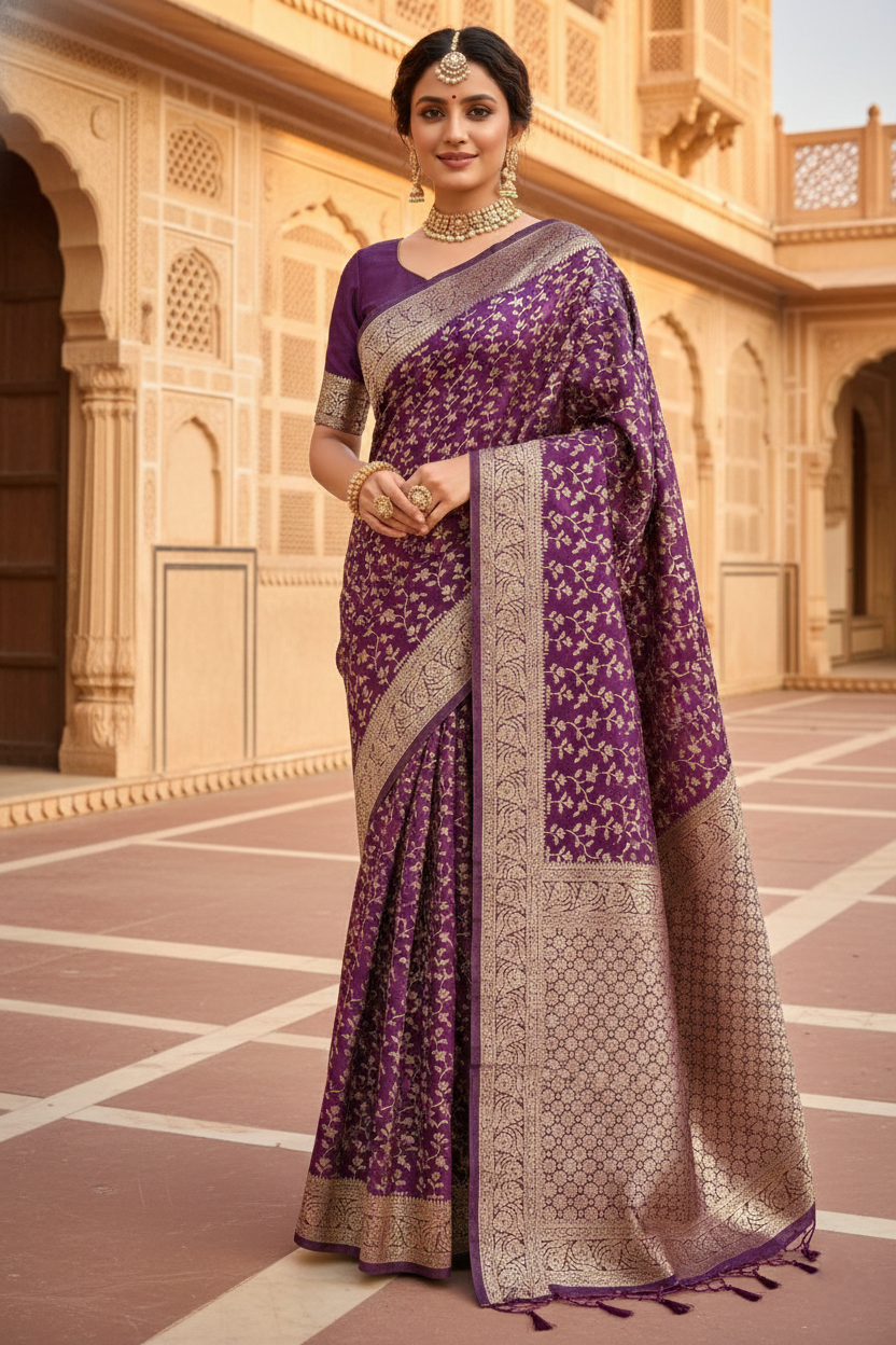 Neerus Purple pattu silk printed saree - front view