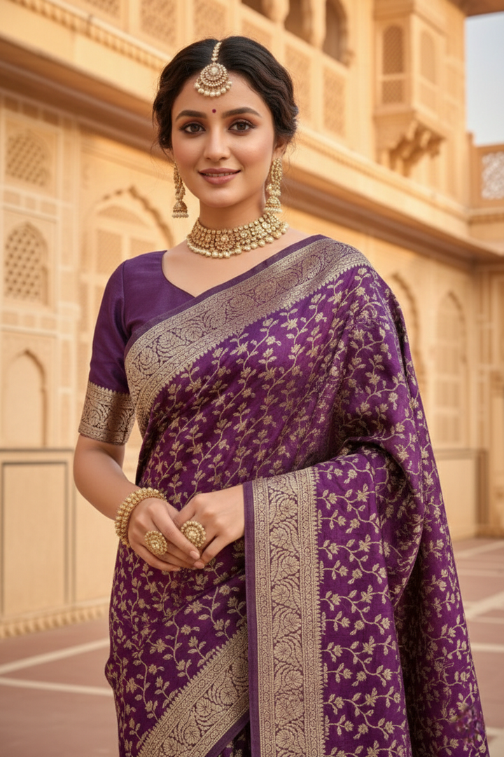 Neerus Purple pattu silk printed saree - back view