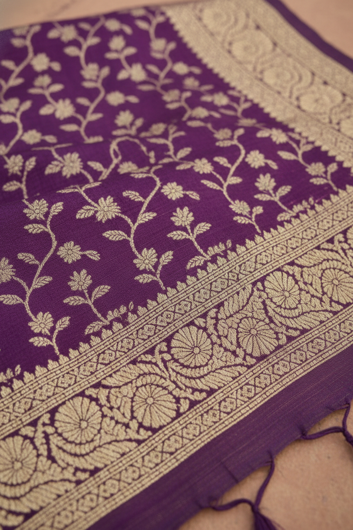 Neerus Purple pattu silk printed saree - side view