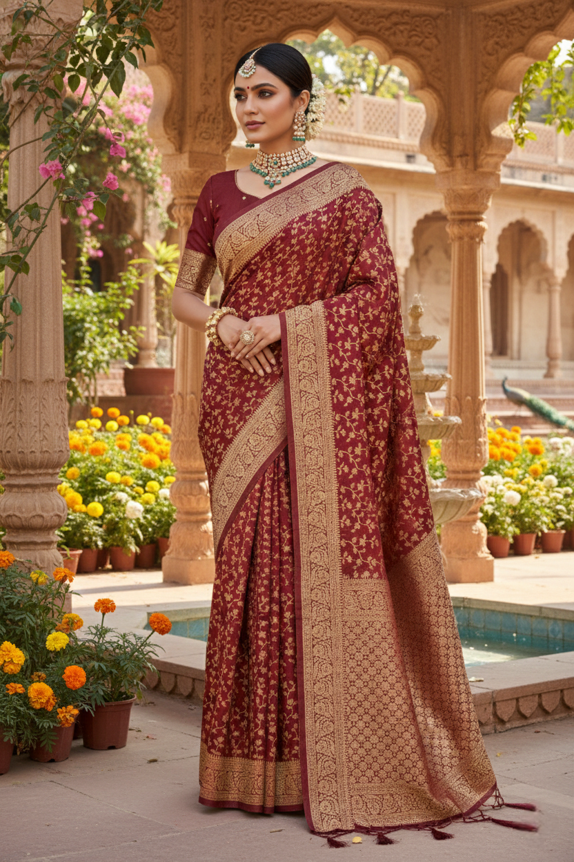 Neerus Maroon Pattu Silk Printed Saree - front view