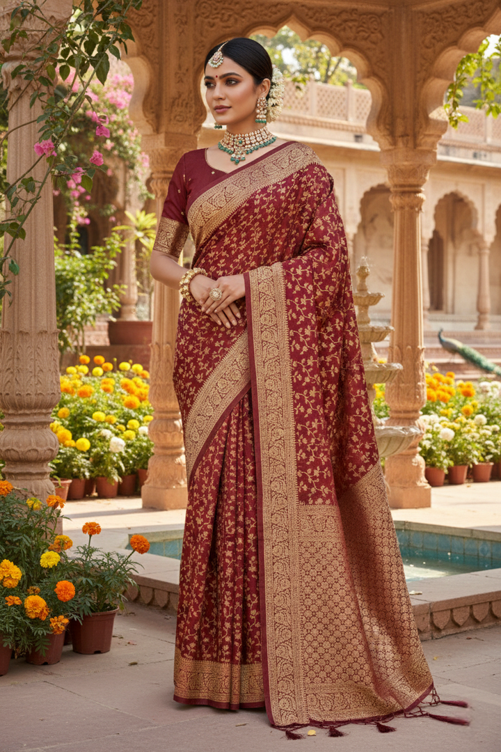 Neerus Maroon Pattu Silk Printed Saree - front view