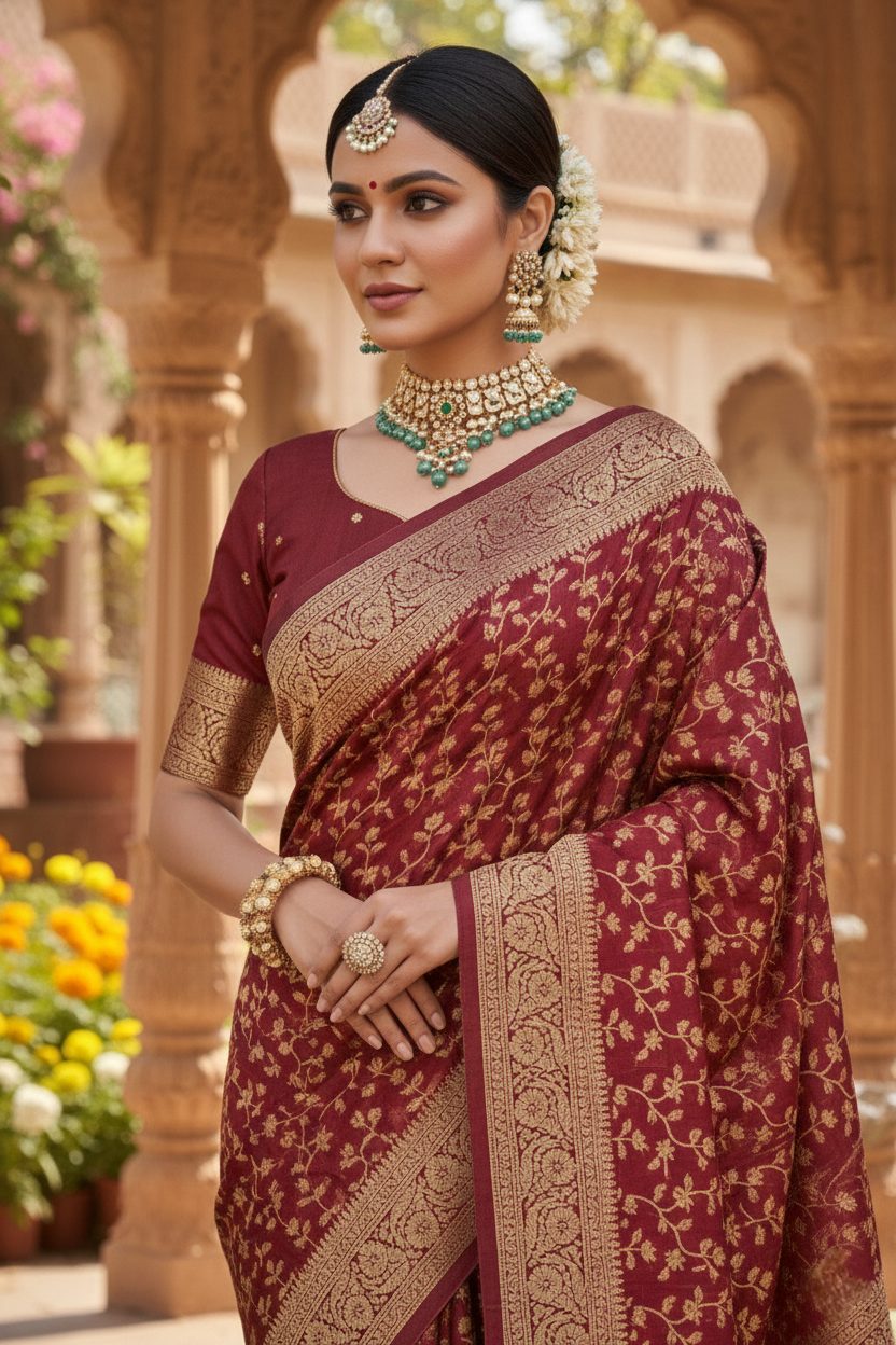 Neerus Maroon Pattu Silk Printed Saree - back view
