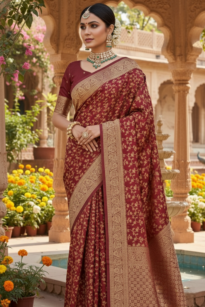 Neerus Maroon Pattu Silk Printed Saree - side view