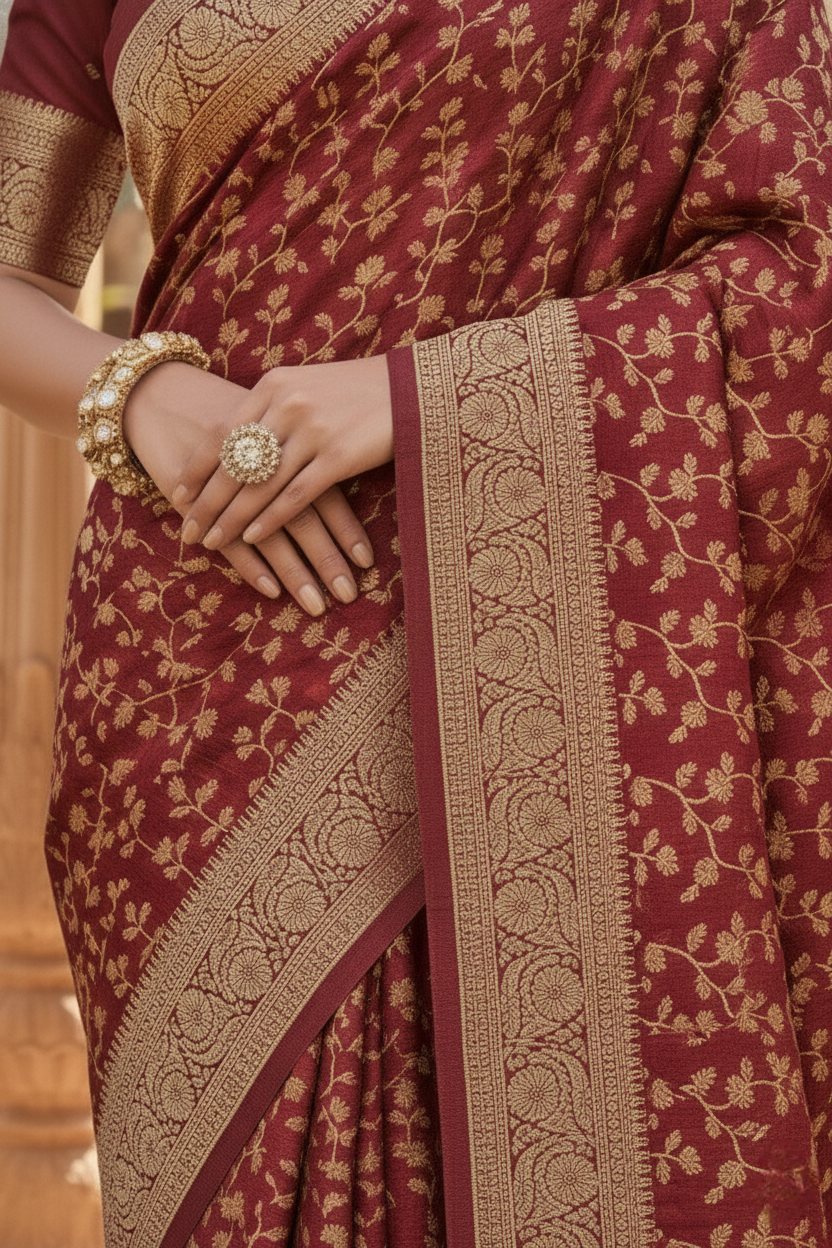 Neerus Maroon Pattu Silk Printed Saree - detail view 1
