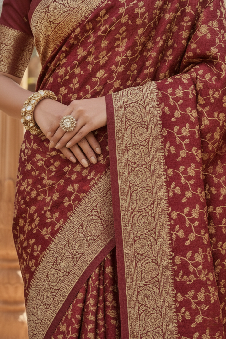 Neerus Maroon Pattu Silk Printed Saree - detail view 1