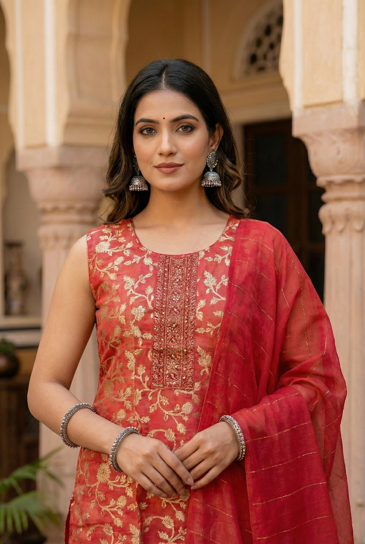 Gajari Tissue Floral Printed Three Piece Set