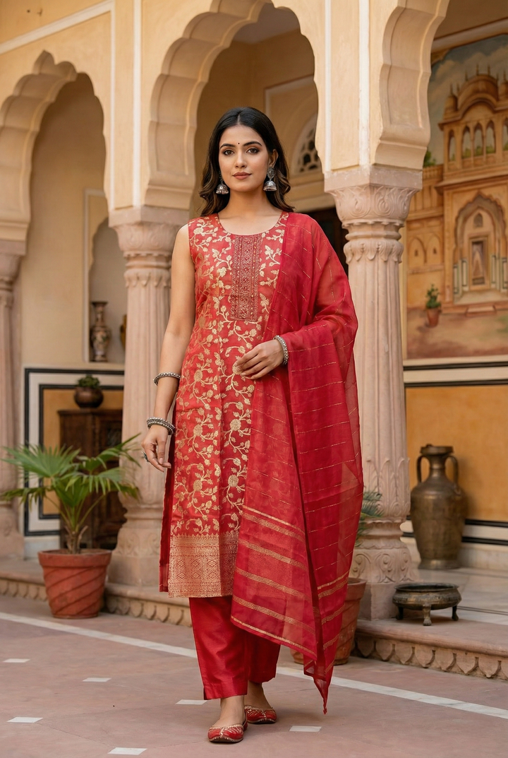 Gajari Tissue Floral Printed Three Piece Set