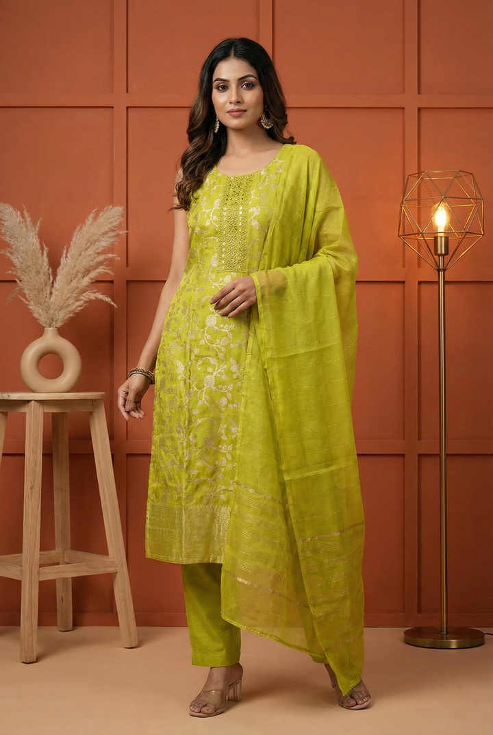 Neerus Green tissue printed suit set - front view