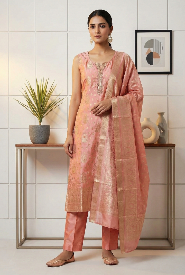 Peach Tissue Printed Three Piece Set