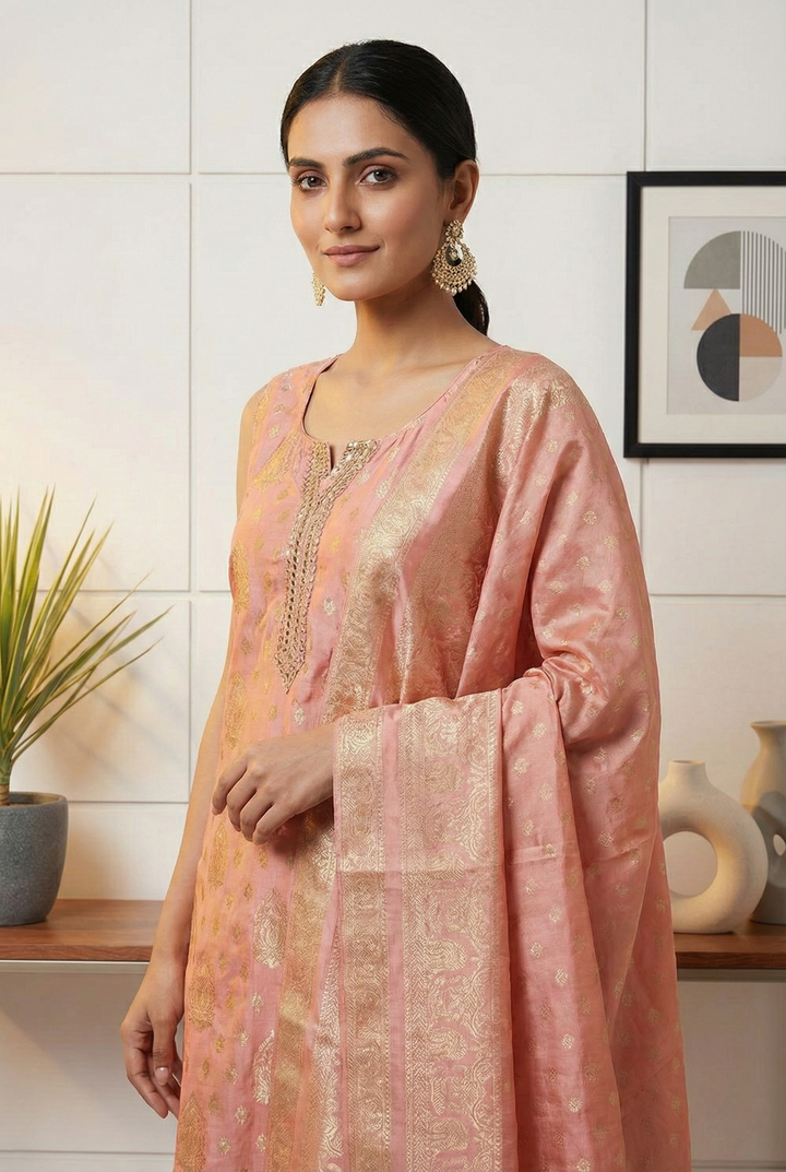 Peach Tissue Printed Three Piece Set