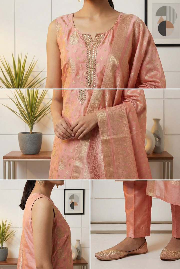 Peach Tissue Printed Three Piece Set