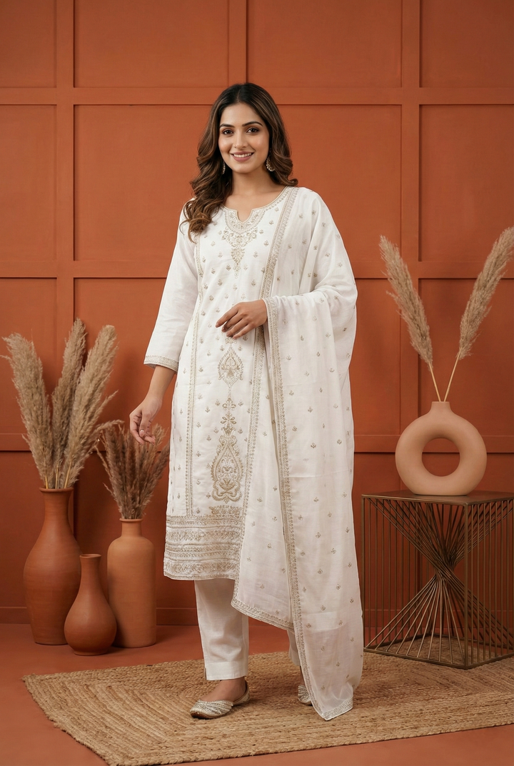 Neerus White silk hand embroidered suit set - front view