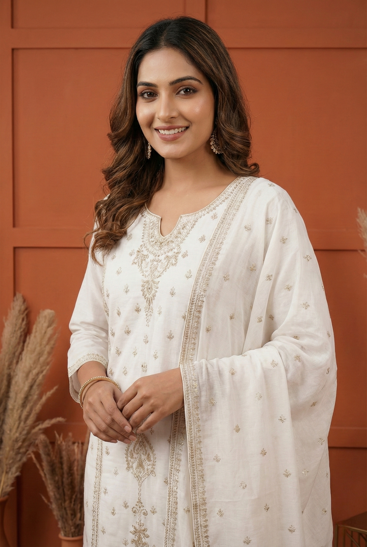 Neerus White silk hand embroidered suit set - back view