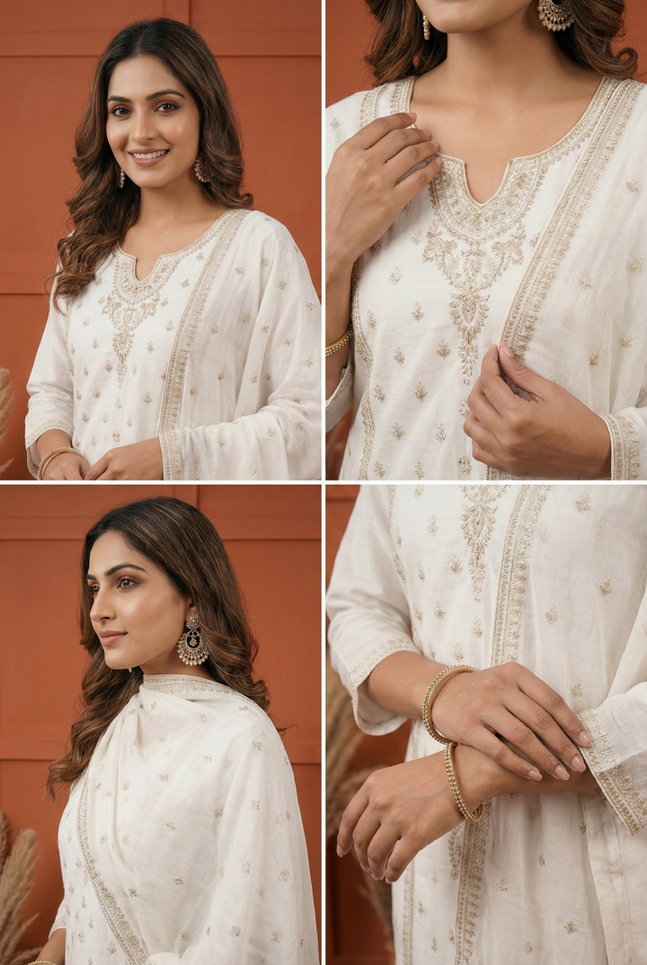 Neerus White silk hand embroidered suit set - side view