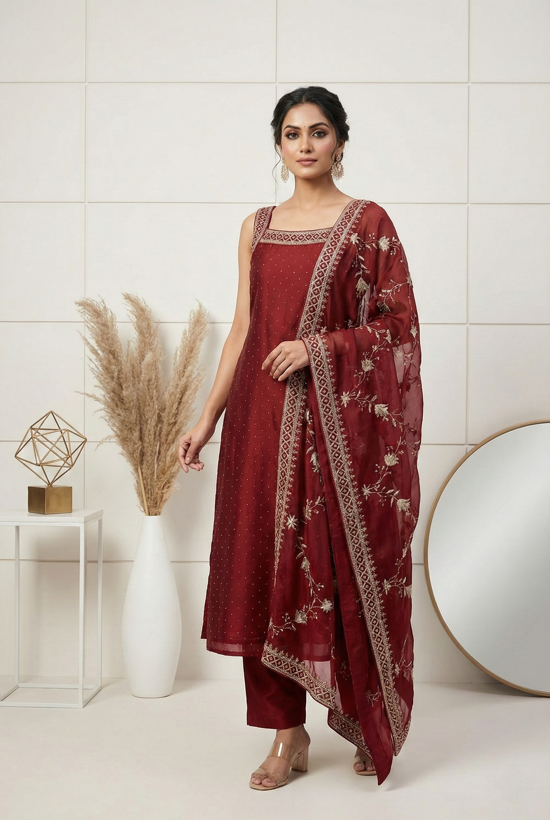 Neerus Maroon silk hand embroidered suit set - front view