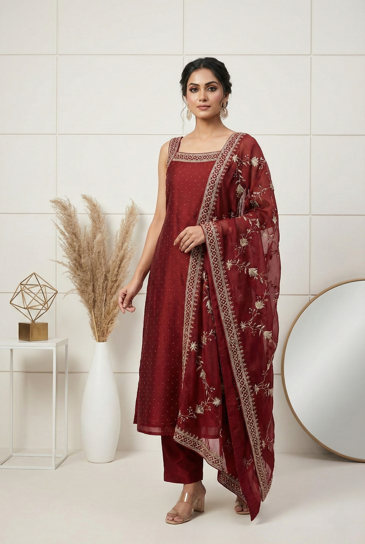 Neerus Maroon silk hand embroidered suit set - front view