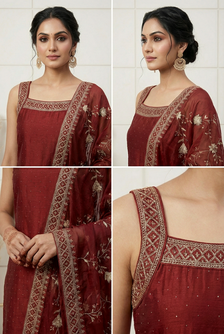 Neerus Maroon silk hand embroidered suit set - side view