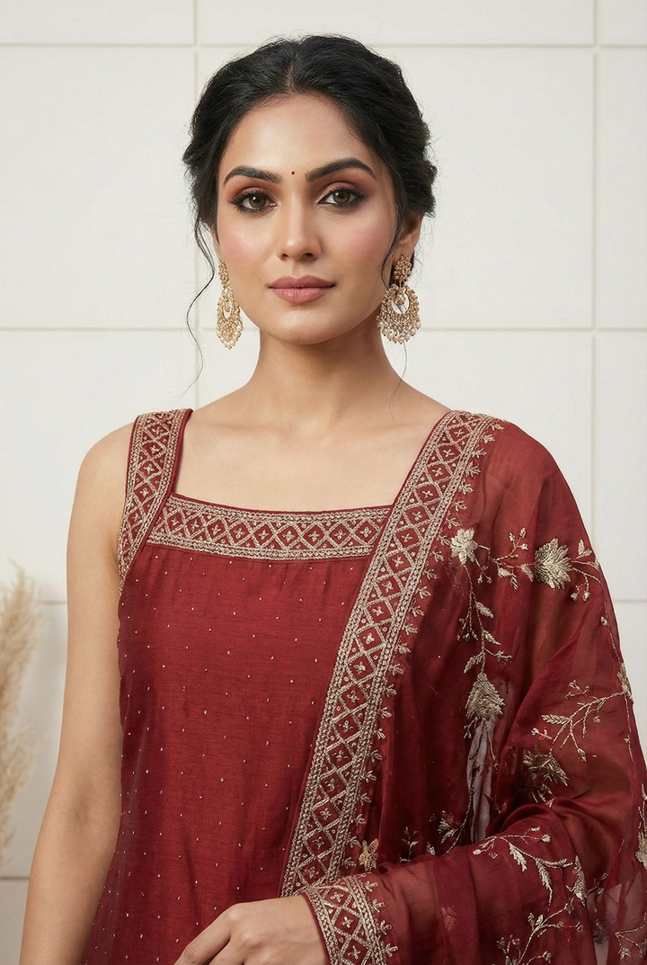 Neerus Maroon silk hand embroidered suit set - back view