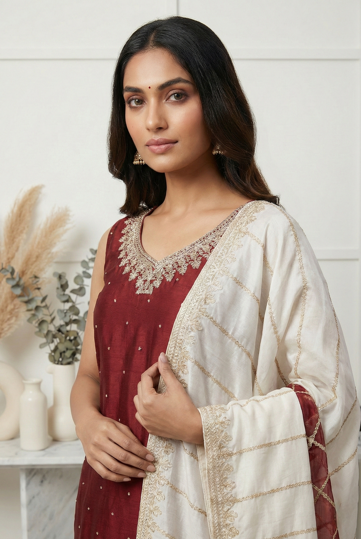 Maroon Vichitra Silk Embroidery Three Piece Set