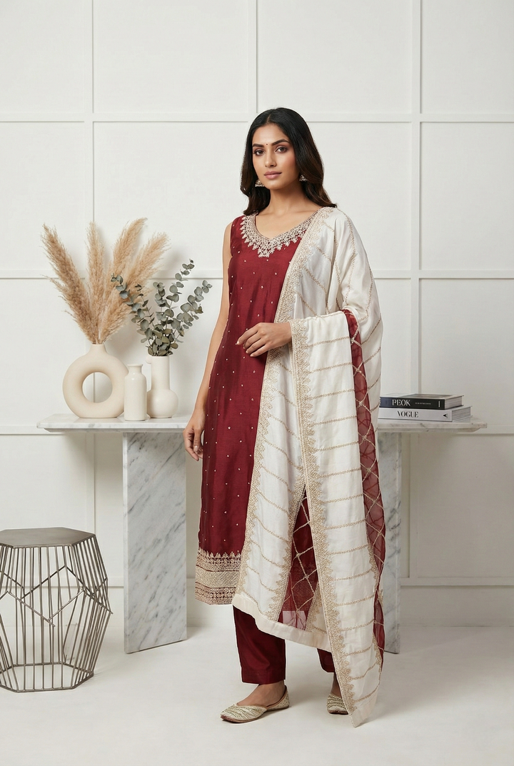 Maroon Vichitra Silk Embroidery Three Piece Set