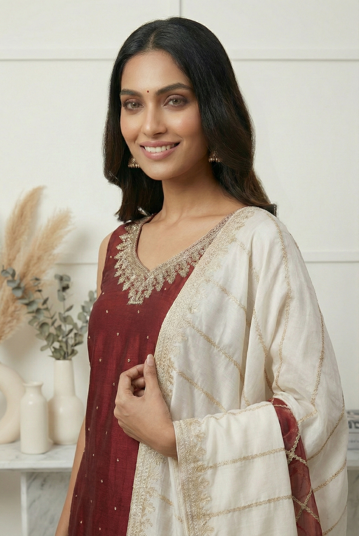 Maroon Vichitra Silk Embroidery Three Piece Set