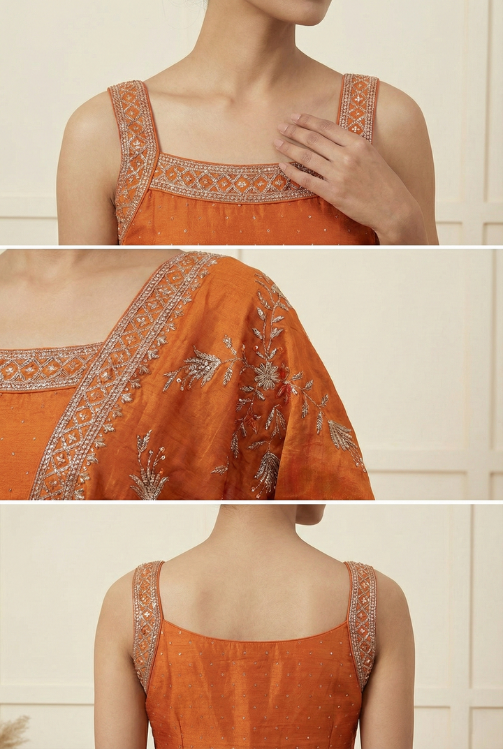 Neerus Orange silk hand embroidered suit set - side view