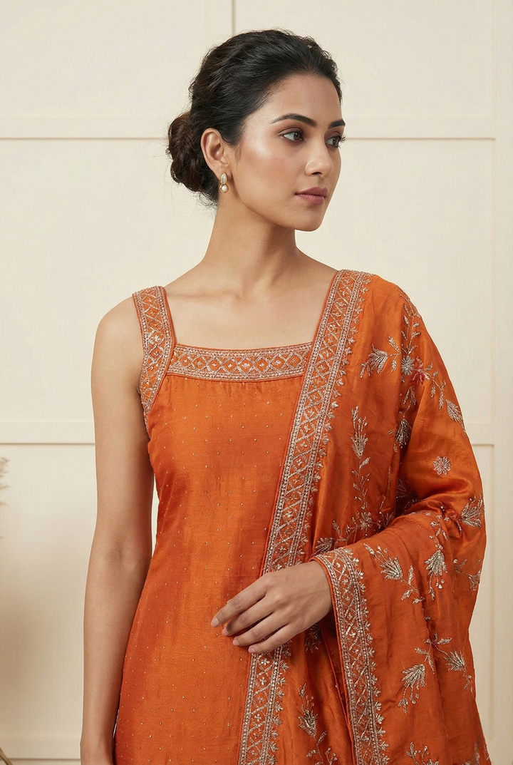 Neerus Orange silk hand embroidered suit set - back view