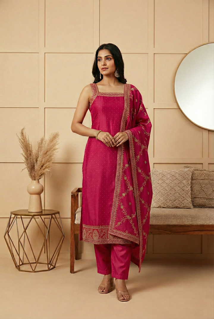 Neerus Pink silk hand embroidered suit set - front view