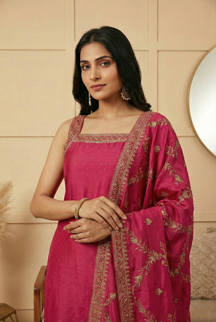 Neerus Pink silk hand embroidered suit set - back view
