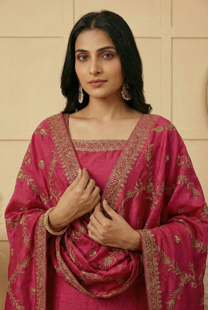Neerus Pink silk hand embroidered suit set - side view