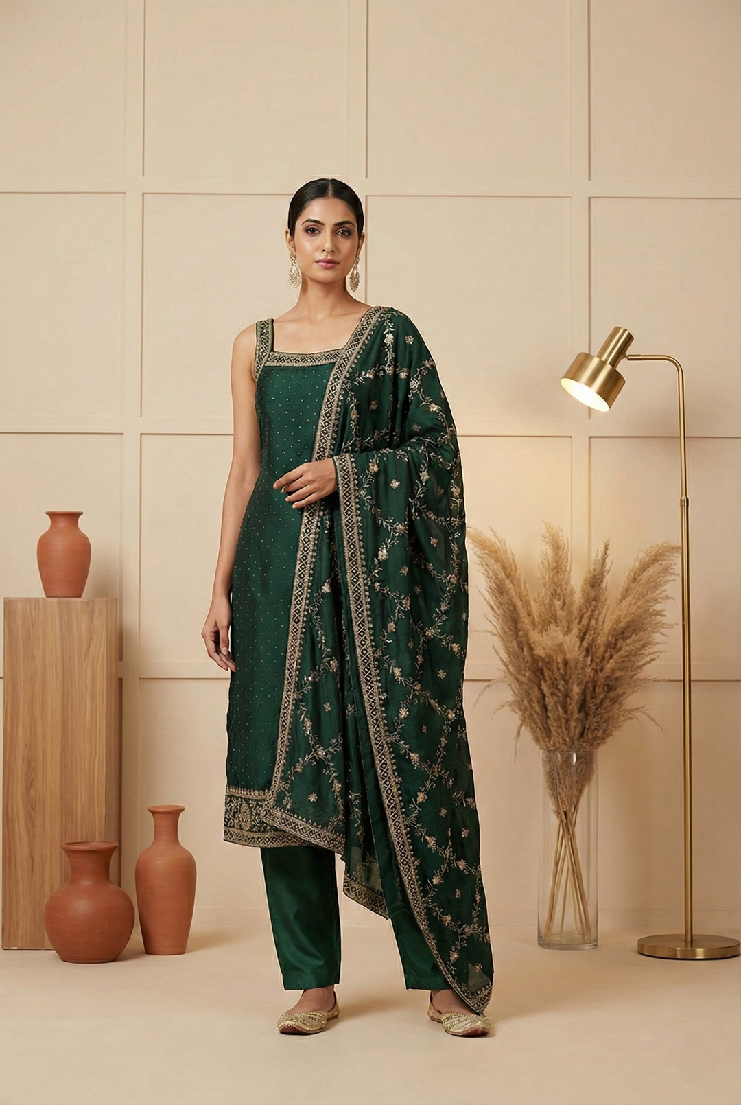 Neerus Green silk hand embroidered suit set - front view
