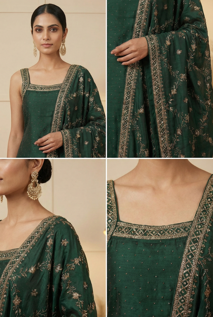 Neerus Green silk hand embroidered suit set - side view