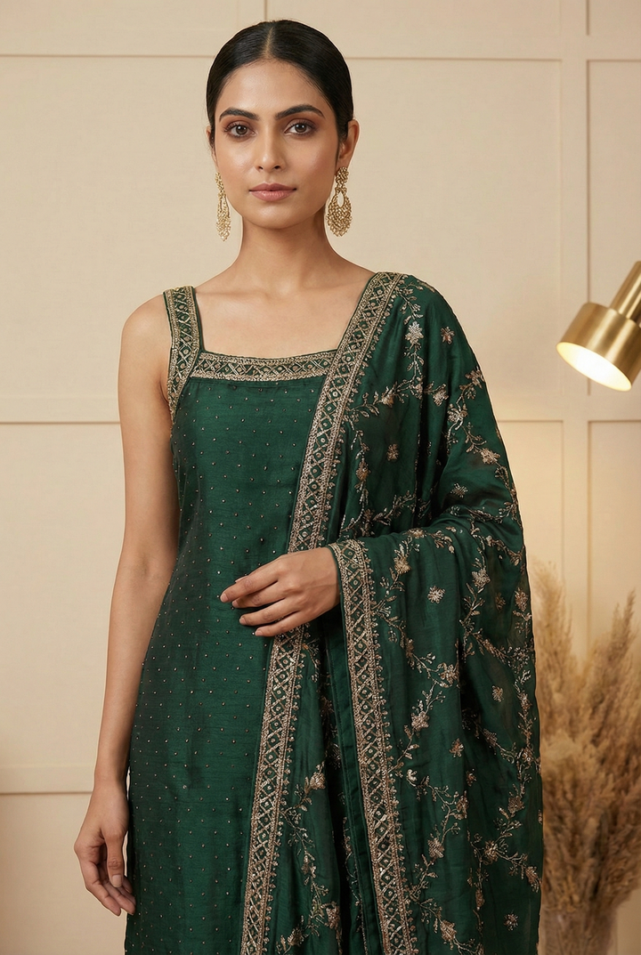 Neerus Green silk hand embroidered suit set - back view