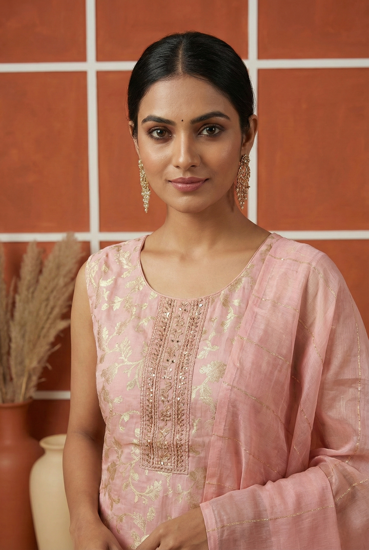 Baby Pink Tissue Floral Printed Three Piece Set