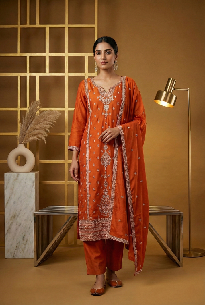 Neerus Orange silk hand embroidered suit set - front view