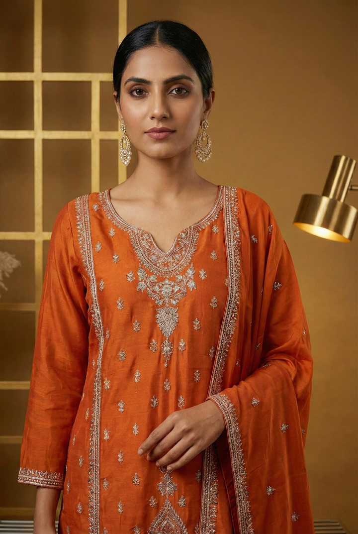 Neerus Orange silk hand embroidered suit set - back view