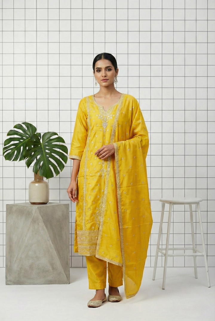 Neerus Yellow Silk Hand Embroidered Suit Set - front view