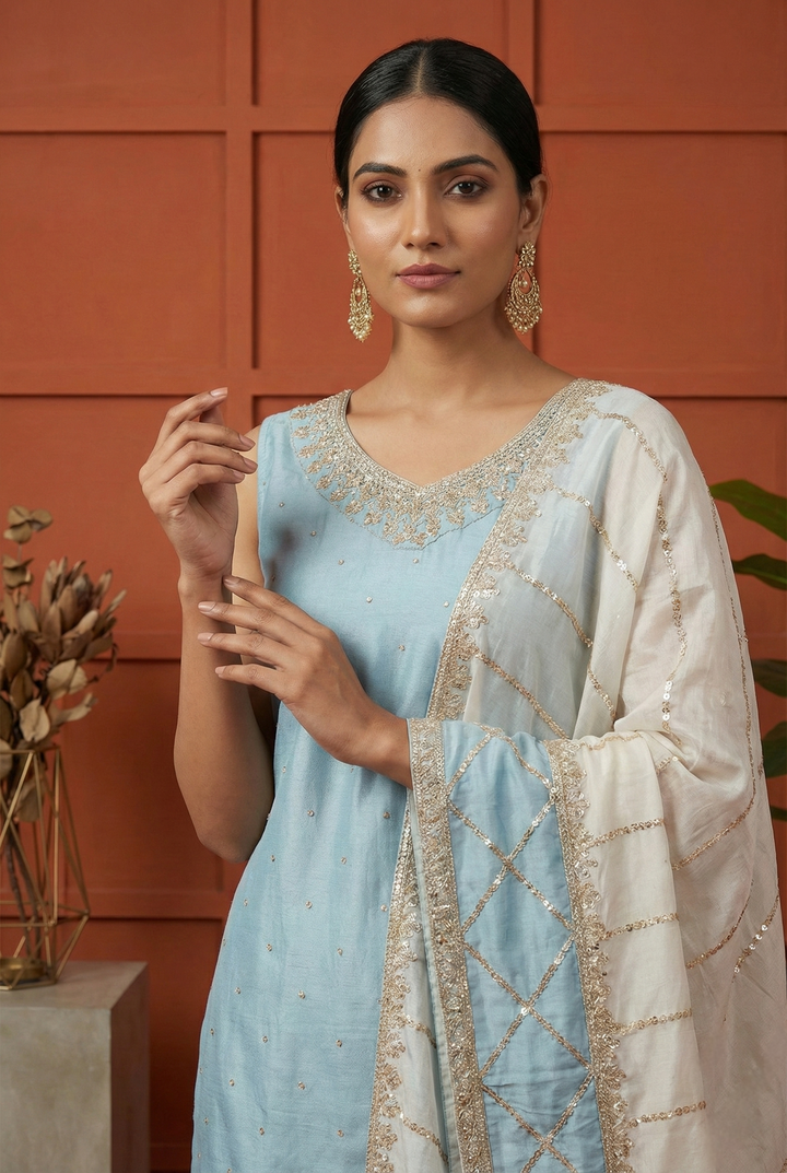 Sky Blue Vichitra Silk Embroidery Three Piece Set