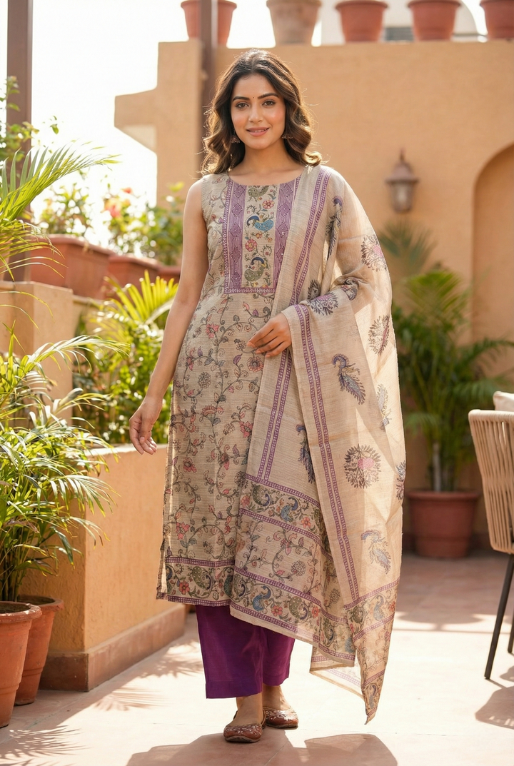 Wine Chanderi Silk Floral Printed Three Piece Set