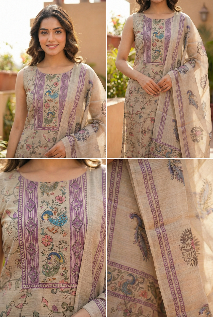 Wine Chanderi Silk Floral Printed Three Piece Set